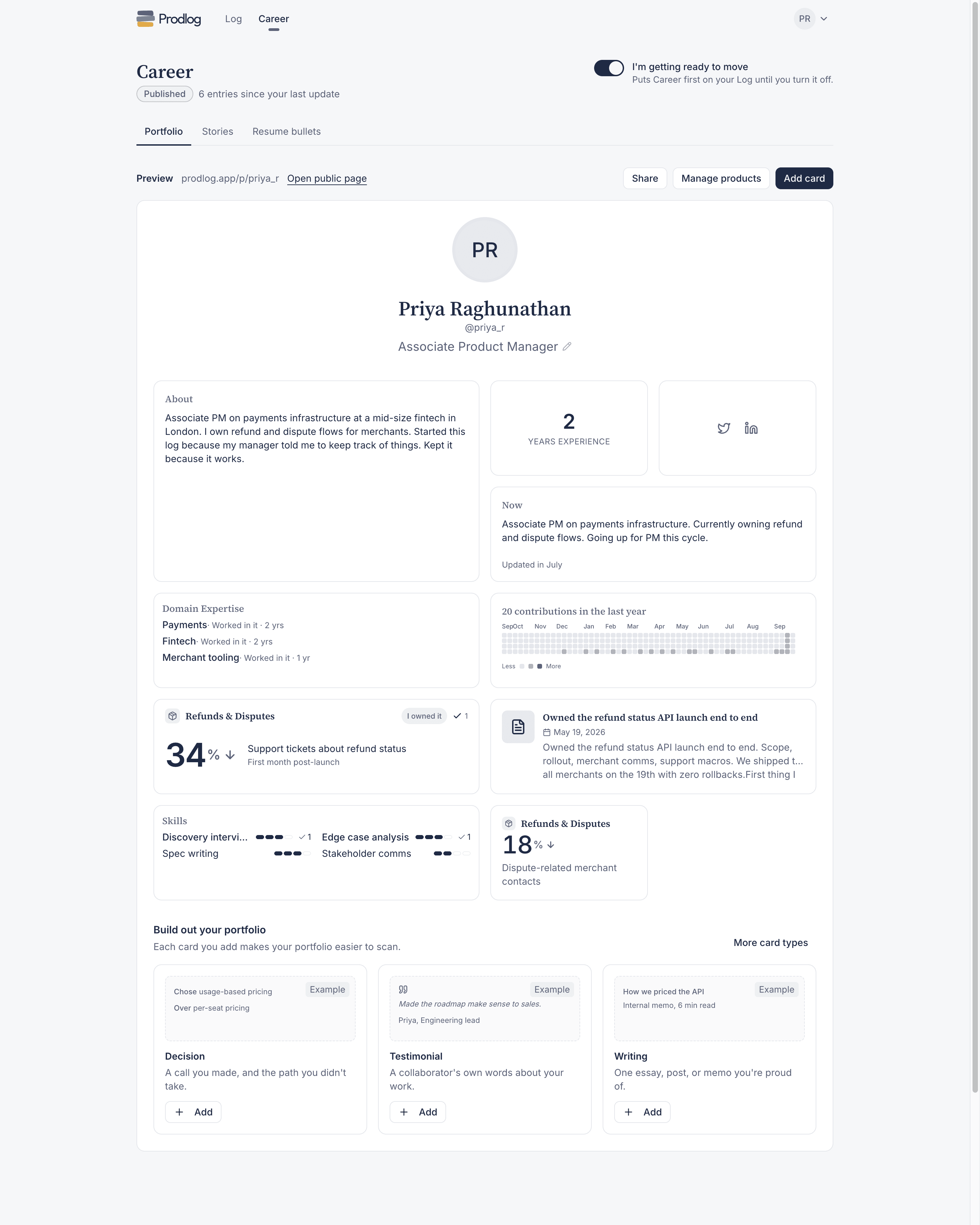 Priya's Career page with I'm getting ready to move switched on and her published portfolio: domain expertise, a year of contributions, her results as metric cards, a story and her skills