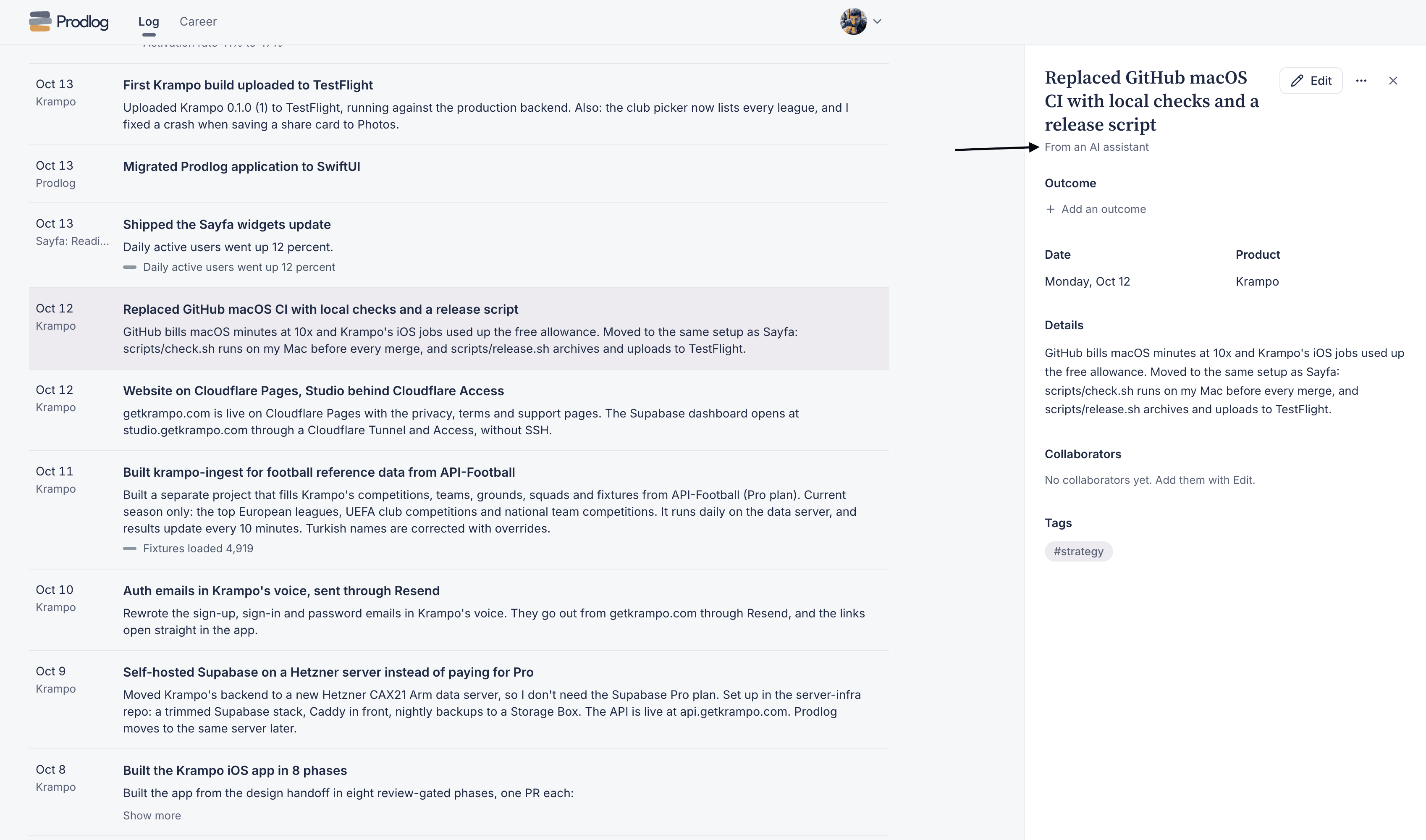 An entry open in Prodlog, Replaced GitHub macOS CI with local checks and a release script, marked From an AI assistant, with its date, product, details, collaborators and tags