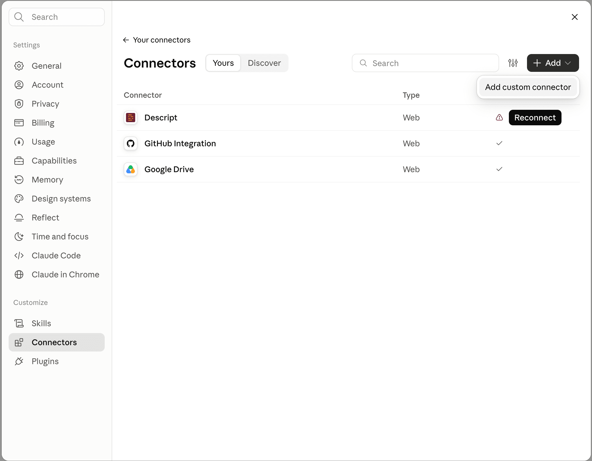 Claude Settings on the Connectors page, with the Add menu open on Add custom connector
