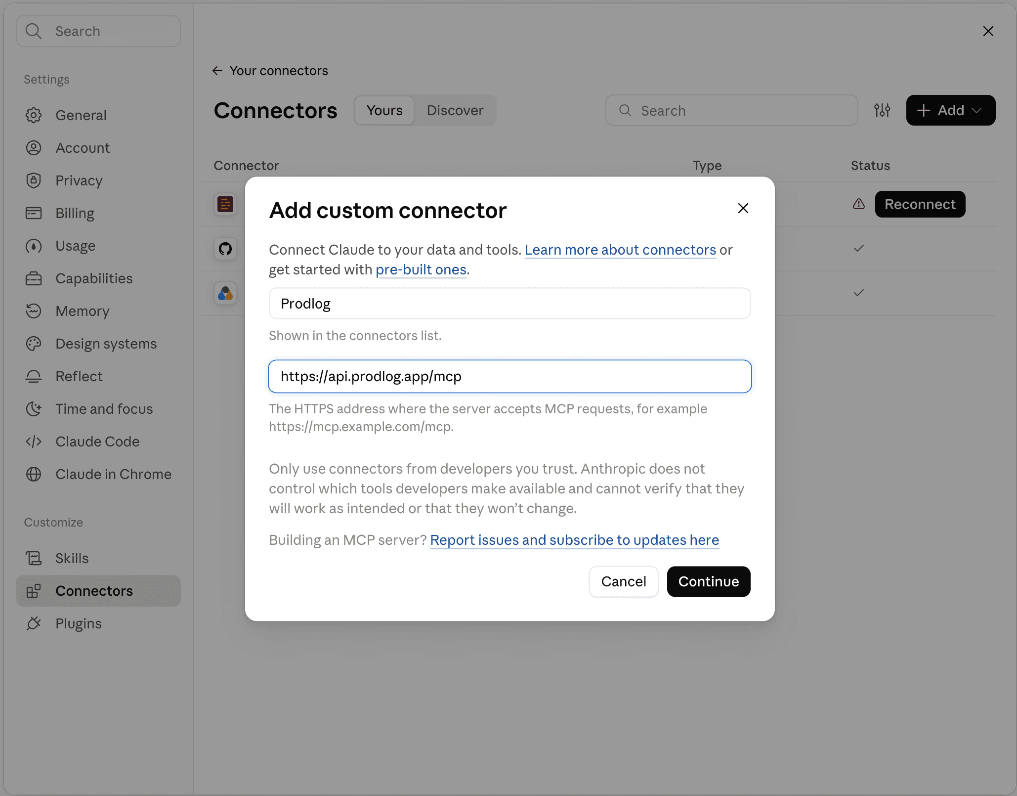 Claude’s Add custom connector dialog with the name Prodlog and the URL https://api.prodlog.app/mcp filled in