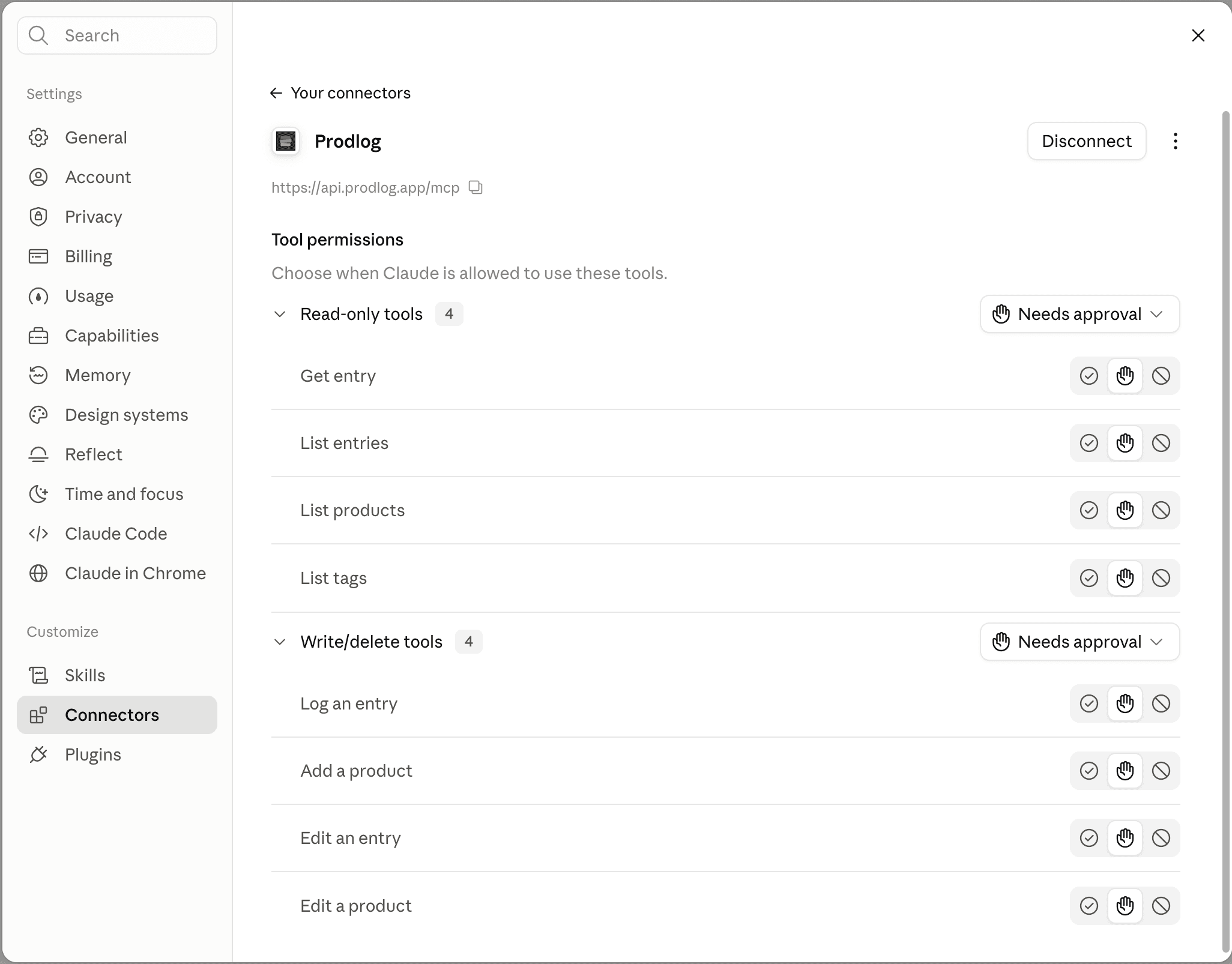 The Prodlog connector in Claude, connected to https://api.prodlog.app/mcp, with tool permissions for four read-only tools (Get entry, List entries, List products, List tags) and the Write/delete group starting with Log an entry