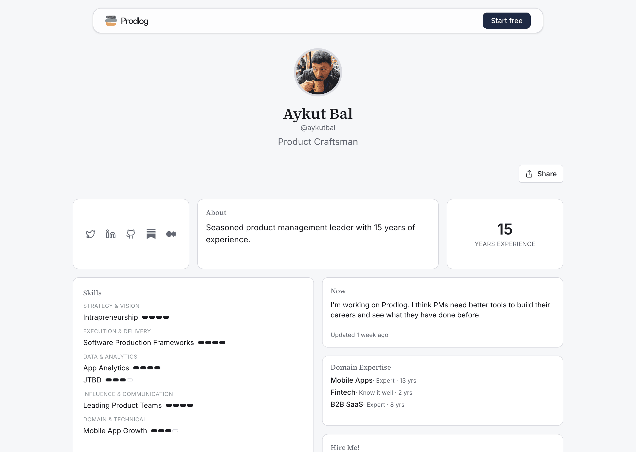 Sample Prodlog PM portfolio showing skills, experience, and recent work