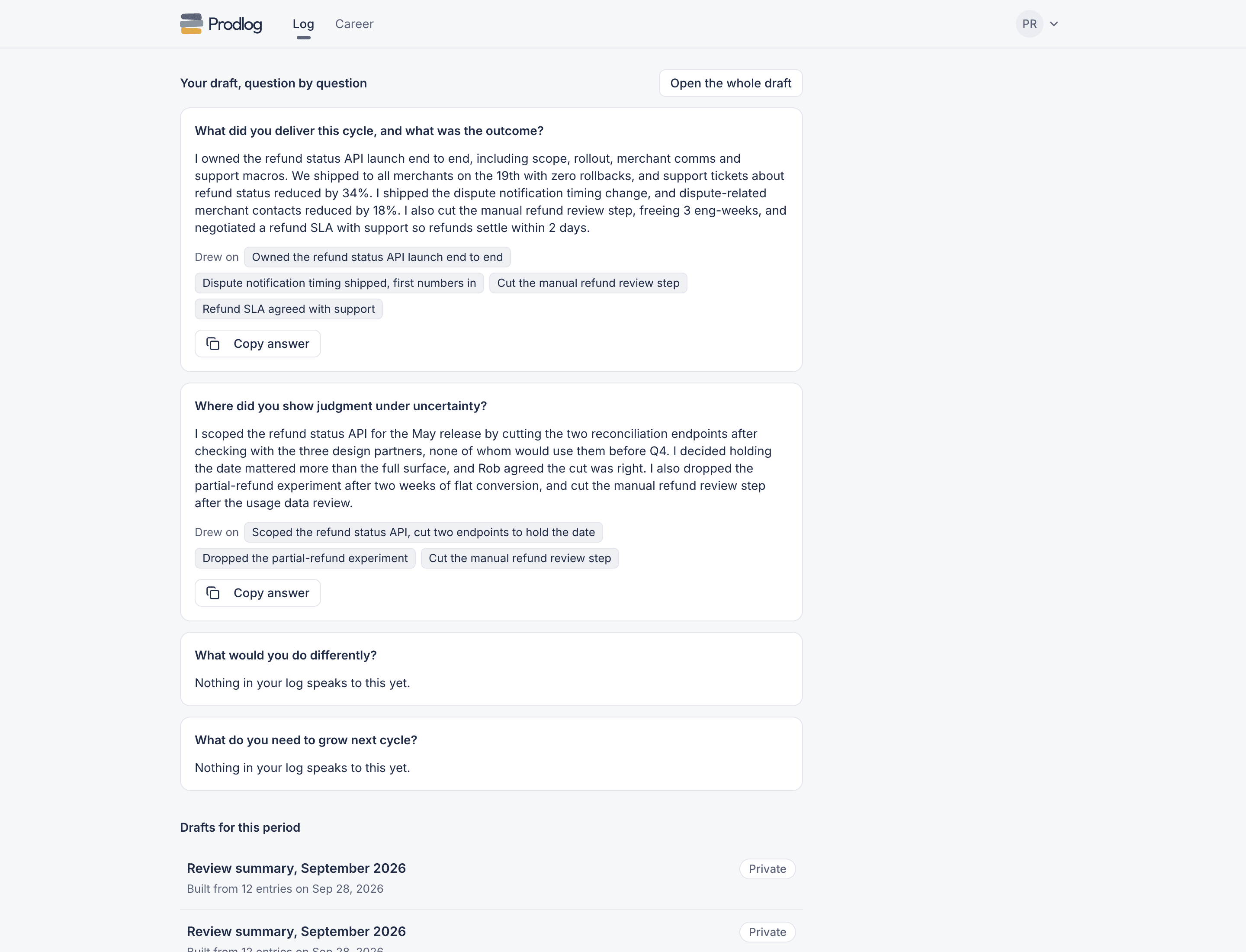 Priya's mid-year review in Prodlog: her company's questions, a draft under each, and the entries each draft drew on