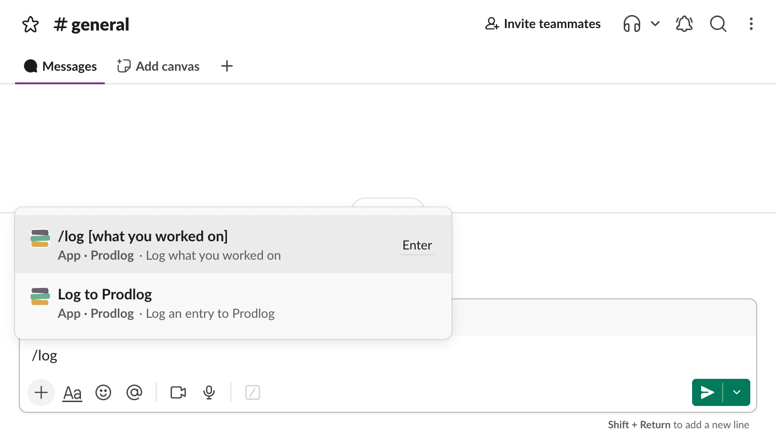 Typing /log in the Slack message box, with the Prodlog /log command and the Log to Prodlog shortcut suggested