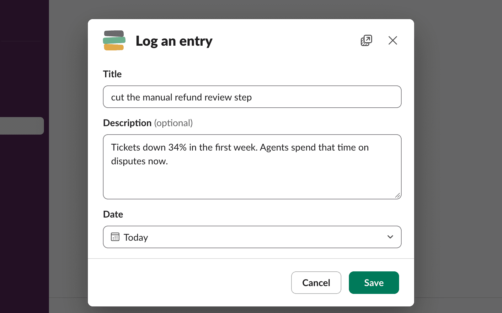 The Prodlog form in Slack with the title filled in, a description, and the date