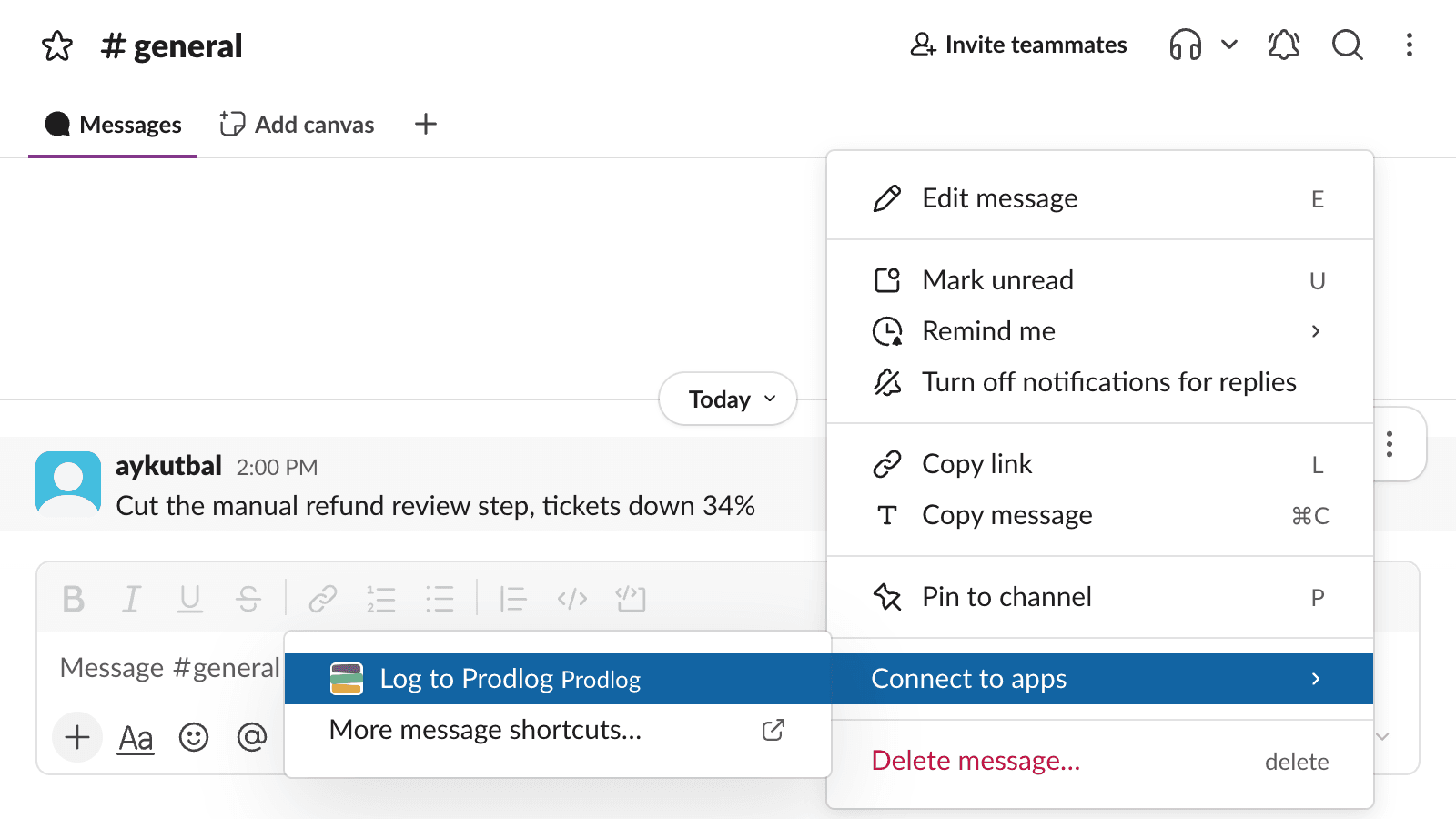 A Slack message’s menu open, with the Prodlog shortcut to log it