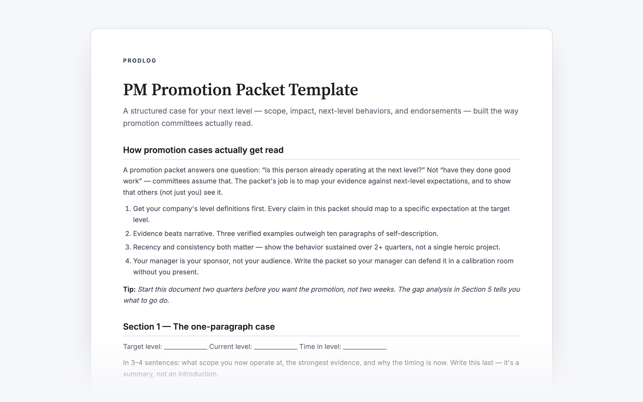 Preview of the PM promotion packet template showing impact evidence mapped to next-level expectations with a verification column
