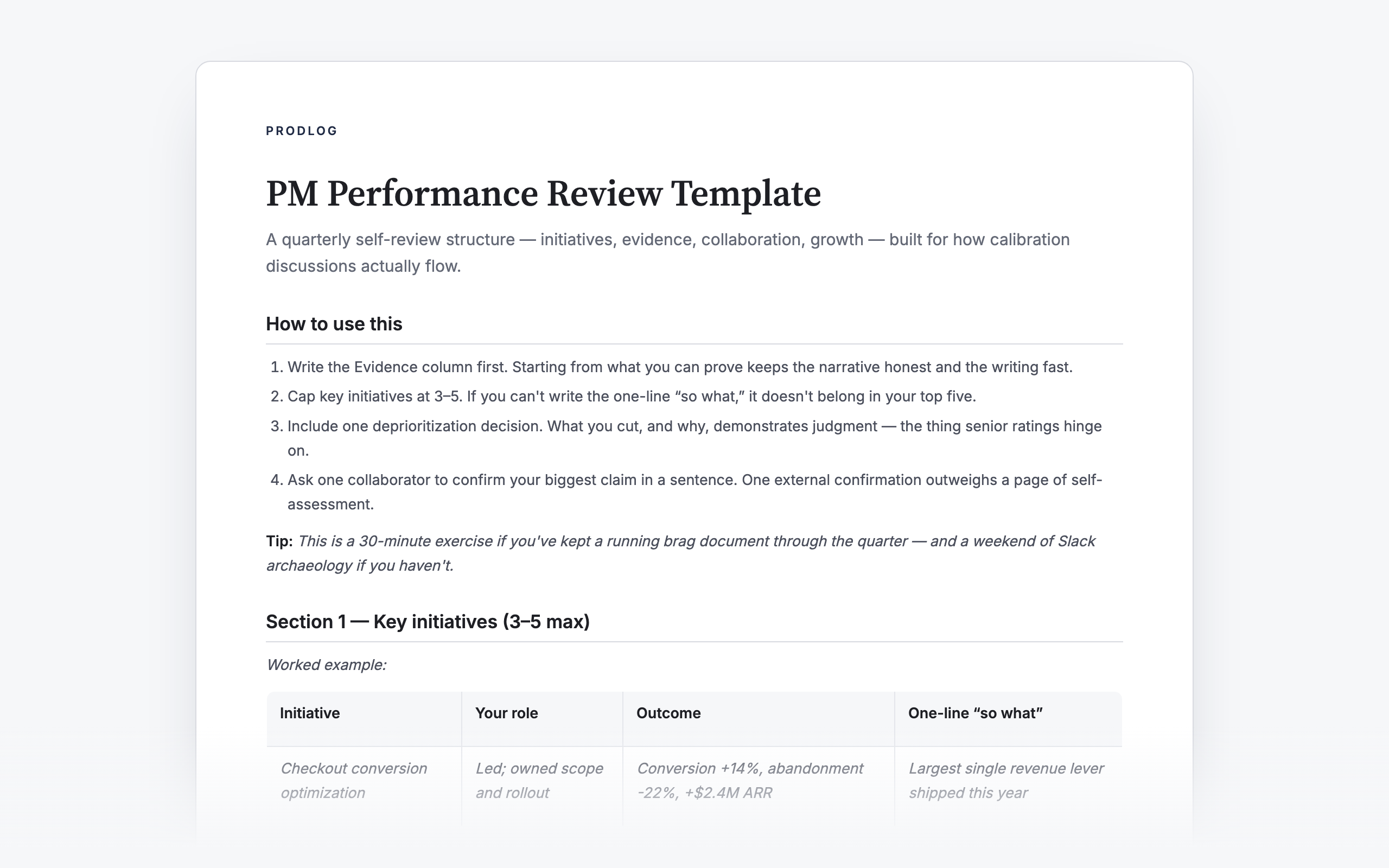 Preview of the PM performance review template showing the four-section self-review structure with a worked example